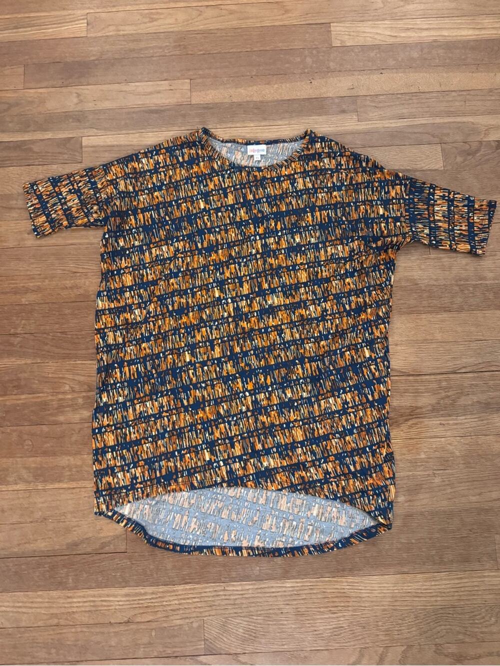 LuLaRoe Women's Blue Orange Abstract Irma Tunic Top - Size XS
 b7